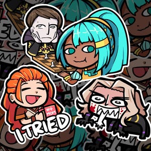 May include: A collection of three cartoon stickers featuring a character with brown hair playing chess, a character with teal hair, and a character with orange hair holding a sign that says #4 MOM and I TRIED, plus a character with blonde hair.