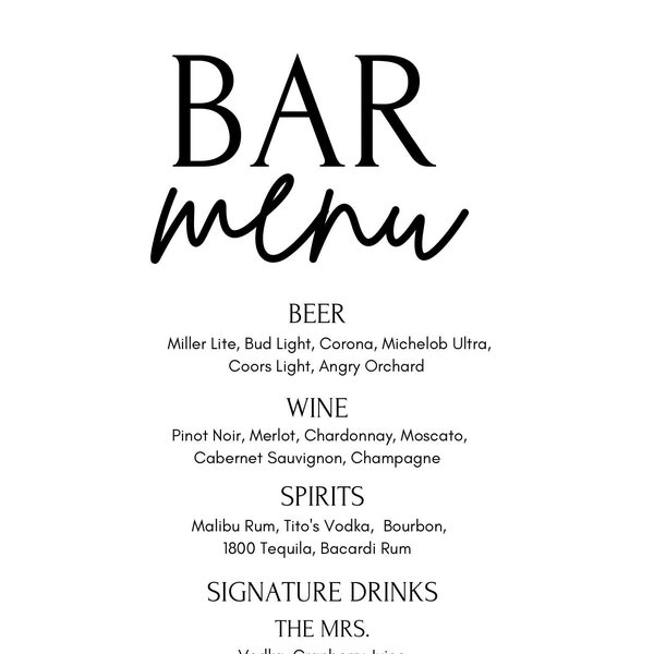 Bar Menu Template Sign for Wedding or special event