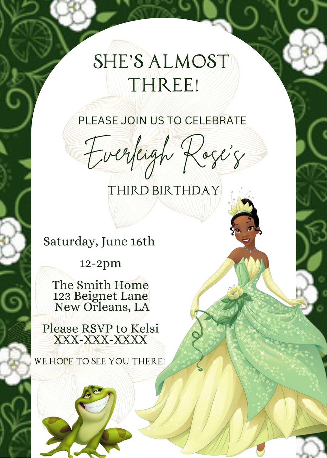 Tiana Birthday Party, Princess Birthday, Princess Invitation, Happy