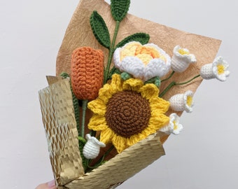 Completed Wrapped Crochet Sunflower Bouquet, Crochet Flowers, Crochet Rose, Crochet Flowers of Bouquet, Knit Flower, Mother's Day Gift