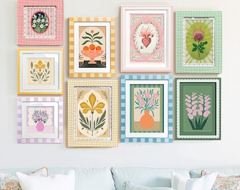 Aesthetic Gallery Wall Art, Preppy Prints Set Of 9, Vintage Style Picture Frame, Modern Wall Collage Frames, Display Frame, Girly Wall Art