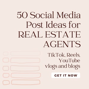 Op de afbeelding: Een grafiek met een roze achtergrond en bruine tekst die "50 Social Media Post Ideeën voor MAKELAARS" luidt, met een lijst van sociale mediaplatforms, waaronder TikTok, Reels, YouTube, vlogs en blogs. De grafiek bevat ook een knop met de tekst "NU KRIJGEN".