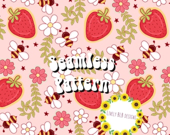 Pink Strawberry Bees Repeating Seamless Pattern File Design