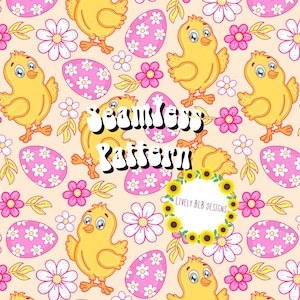 May include: A seamless pattern featuring yellow chicks, pink and white eggs with white polka dots, and pink and white flowers on a light peach background. The text "Seamless Pattern" is written in a retro font.