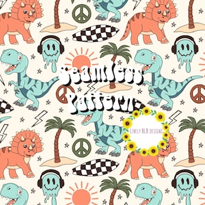May include: A seamless pattern featuring dinosaurs, palm trees, peace signs, surfboards, smiley faces, suns, and lightning bolts. The background is a light cream color. The text "Seamless Pattern" is written in a retro font.