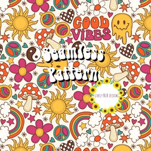 May include: A seamless pattern featuring a retro 70s aesthetic with bright colours and whimsical designs. The pattern includes suns, peace signs, mushrooms, flowers, hearts, rainbows, and the text "Good Vibes".