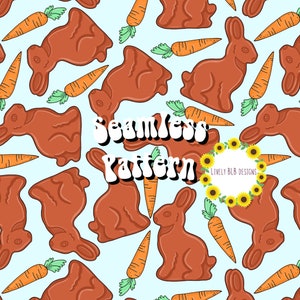 May include: A seamless pattern featuring chocolate bunny shapes and carrots on a light blue background. The text "Seamless Pattern" is in the centre of the design. The text "Lively BLB Designs" is in a wreath of sunflowers.