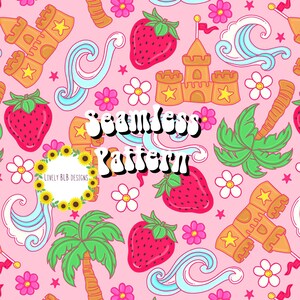 May include: A seamless pattern featuring a pink background with various summer-themed illustrations, including sandcastles, palm trees, strawberries, waves, and sunflowers. The text "Seamless Pattern" is written in a retro font.