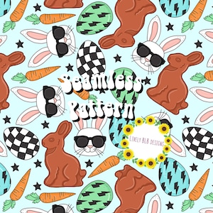 Peut inclure: Un motif sans couture représentant des lapins blancs portant des lunettes de soleil, des lapins en chocolat, des carottes et des œufs de Pâques avec différents motifs sur un fond bleu clair. Le texte "Seamless Pattern" est écrit dans une police rétro.