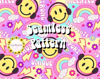 Diseño de archivo de patrón sin costuras que se repite con la frase "Smile Fidget Affirmation Autism"