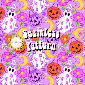 Pumpkin Flower Ghost Retro Repeating Seamless Pattern File Design
