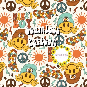 May include: A seamless pattern featuring a retro 70s theme with smiley faces, peace signs, skateboards, suns, and lightning bolts. The pattern is in shades of yellow, orange, brown, blue, and white.