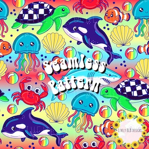 May include: A colorful seamless pattern featuring various sea creatures like turtles, crabs, jellyfish, clownfish, and orcas. The design includes bubbles and seashells on a rainbow gradient background. The text "seamless pattern" is overlaid on the design.