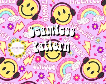 Diseño de archivo de patrón sin costuras que se repite con la frase "Smile Fidget Affirmation Autism"