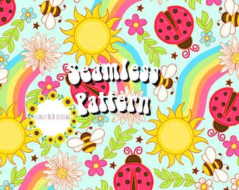 Retro Summer Sun & Ladybugs Repeating Seamless Pattern File Design