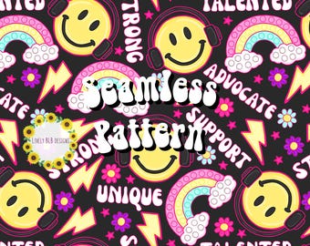 Diseño de archivo de patrón sin costuras que se repite con la frase "Smile Fidget Affirmation Autism"