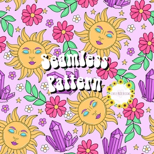 May include: A seamless pattern featuring a pink background with yellow suns with closed eyes, purple crystals, pink flowers, green leaves, and white stars. The text "Seamless Pattern" is in the centre of the image.