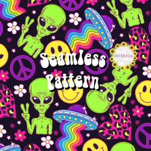 May include: A seamless pattern featuring a psychedelic design with green aliens, peace signs, smiley faces, rainbow stripes, and flying saucers. The text "Seamless Pattern" is written in a retro font.