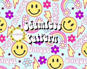 Diseño de archivo de patrón sin costuras repetitivo de arcoíris con afirmación de sonrisa