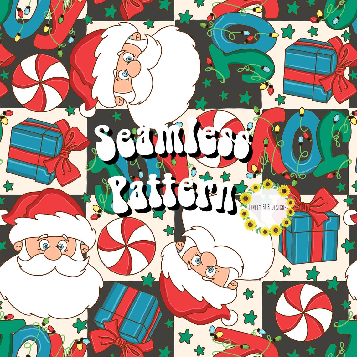 Checkered Christmas Joy Santa Repeating Seamless Pattern File Design - Etsy