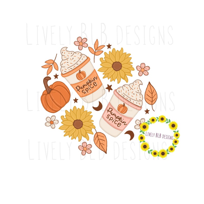 Peut inclure: Deux tasses roses et blanches avec de la cr&egrave;me fouett&eacute;e et un motif d'&eacute;pices de citrouille. Les tasses sont entour&eacute;es d'&eacute;l&eacute;ments d'automne comme des tournesols, des feuilles et des citrouilles. Le texte "Pumpkin Spice" est &eacute;crit sur les tasses.