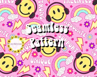 Diseño de archivo de patrón sin costuras que se repite con la frase "Smile Fidget Affirmation Autism"