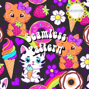 May include: Seamless pattern featuring cartoon cats, strawberries, donuts, ice cream cones, flowers, and rainbows on a black background. The text "seamless pattern" is overlaid on the design. The cats are orange and white with bows.