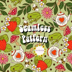 Cottage Core Frog Tea Party Green Repeating Seamless Pattern File Design