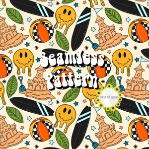May include: A seamless pattern with beach-themed illustrations. It includes black surfboards, sandcastles, smiley faces, beach balls, and green leaves. The design has the text "Seamless Pattern" and is set against a light beige backdrop with star shapes.