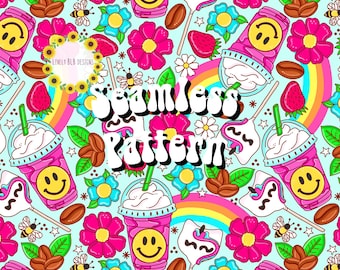 May include: A seamless pattern featuring a variety of colorful elements, including pink and blue iced coffee drinks with smiley faces, rainbow arches, pink flowers, coffee beans, and candy lollipops. The text "Seamless Pattern" is written in a retro font.