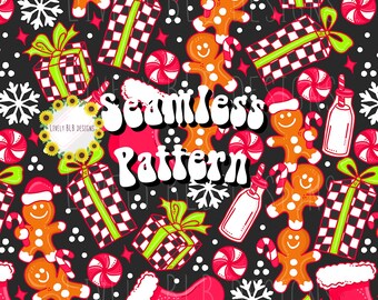May include: A seamless Christmas pattern with gingerbread men, wrapped gifts, candy canes, snowflakes, and milk bottles on a black background. The gifts have a checkered pattern with green ribbons. The text "Seamless Pattern" is in white.