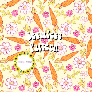 Könnte beinhalten: Ein nahtloses Muster mit Karotten, Gänseblümchen und Sonnenblumen auf hellgelbem Hintergrund. Der Text "Seamless Pattern" ist in einer Retro-Schriftart geschrieben. Der Text "Lively Blb Designs" ist in einem Kreis um eine Sonnenblume geschrieben.