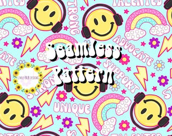 Diseño de archivo de patrón sin costuras que se repite con la frase "Smile Fidget Affirmation Autism"