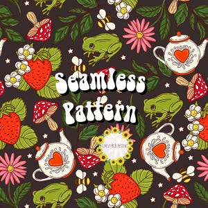 Cottage Core Frog Tea Party Repeating Seamless Pattern File Design