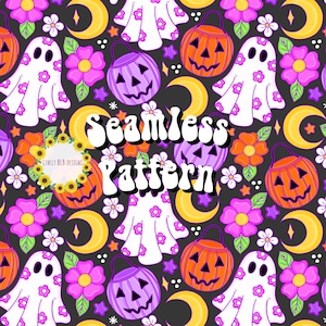 Halloween Ghosts Flowers Repeating Seamless Pattern File Design
