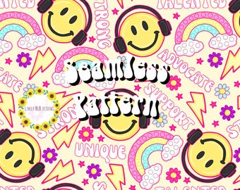 Diseño de archivo de patrón sin costuras que se repite con la frase "Smile Fidget Affirmation Autism"