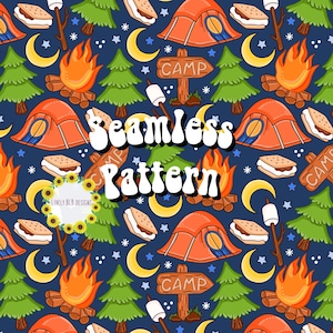 May include: A seamless pattern featuring camping and s'mores themed illustrations. The pattern includes a campfire, a tent, a sign that says "Camp", a s'more, a crescent moon, and stars on a dark blue background.