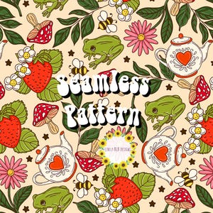 Cottage Core Frog Tea Party Repeating Seamless Pattern File Design