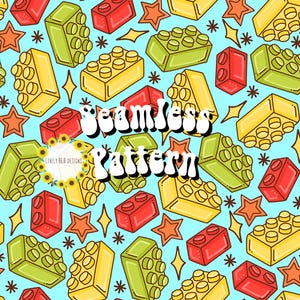 May include: A seamless pattern featuring colorful toy building blocks in red, yellow, and green. The blocks are arranged in a repeating pattern on a light blue background with white stars and sparkles.
