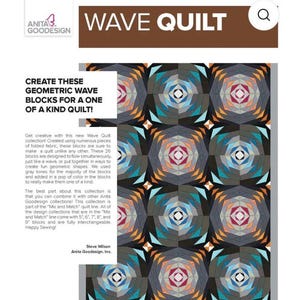 May include: A brochure for a Wave Quilt collection. The brochure features a geometric quilt design with gray, orange, and blue tones. Text on the brochure reads "Create these geometric wave blocks for a one of a kind quilt!" and "Wave Quilt."