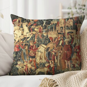 Medieval Cushion Cover &quot;The Hunt of The Unicorn&quot; Pillow Cover, Peach Skin Faux Tapestry Print, Medieval Aesthetic Decor Gifts, Morris Style