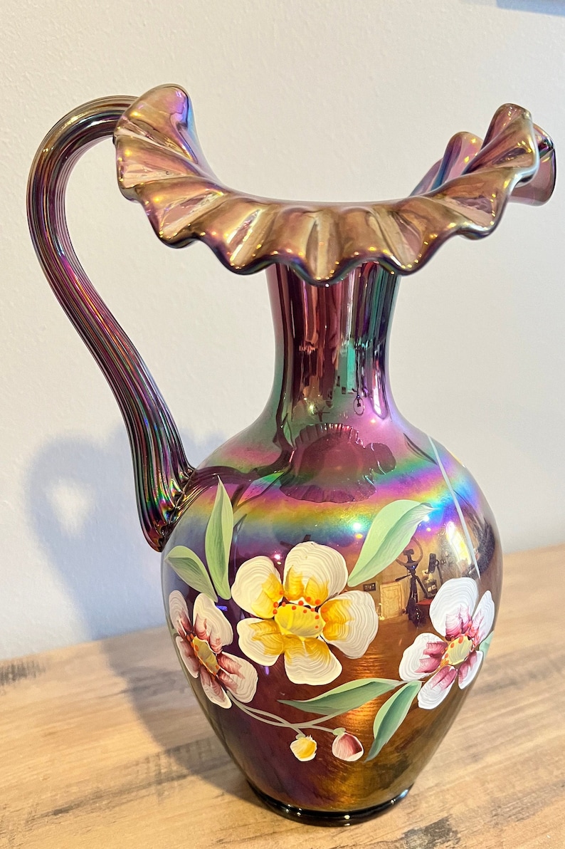 Fenton Carnival Amethyst Pitcher Hand Painted and Signed - Etsy