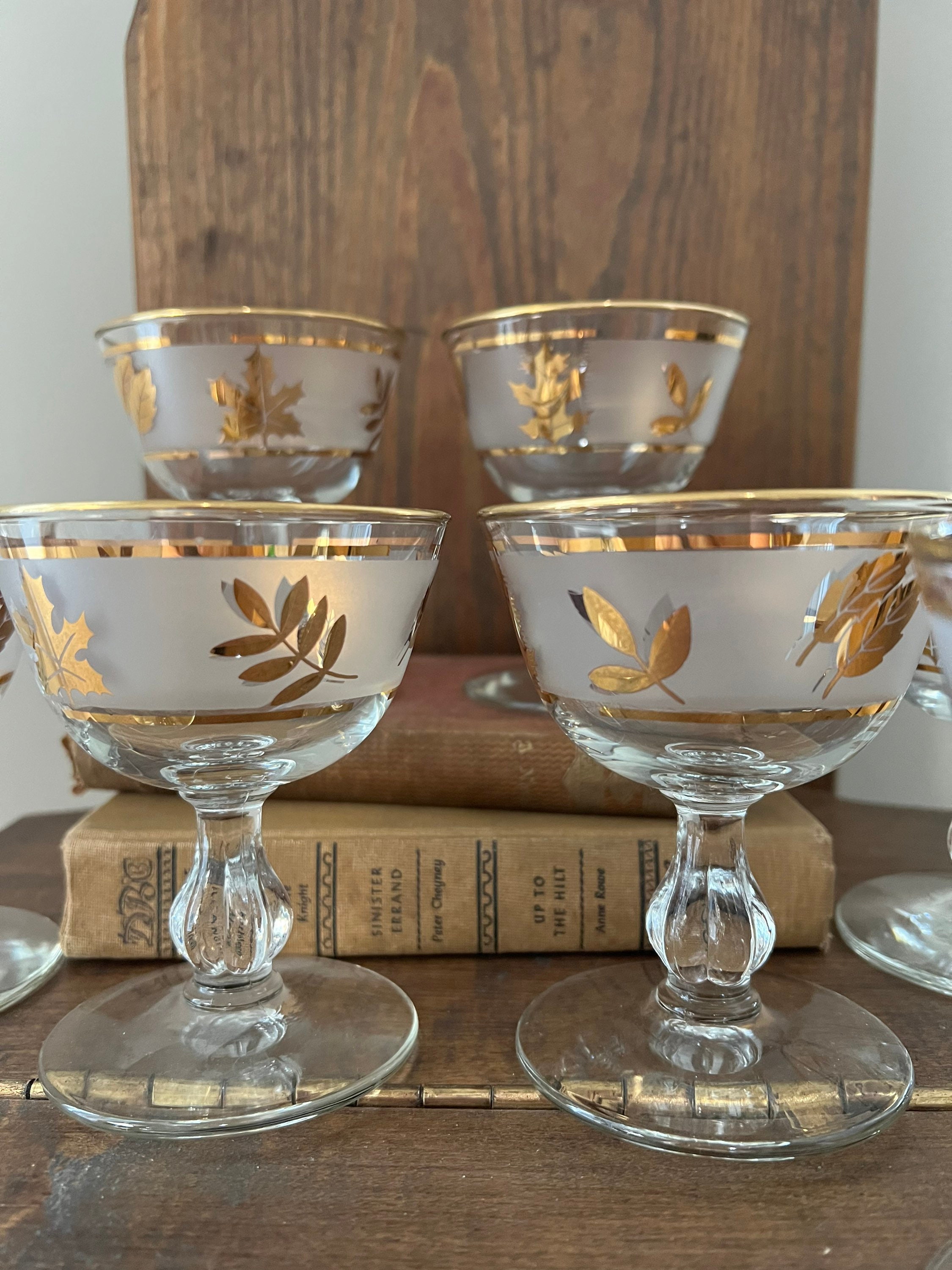Set of 8 Libbey Frosted Gold Leaf Glasses Excellent Condition Etsy