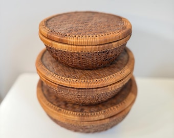 Cestas redondas apilables estilo bohemio con tapa