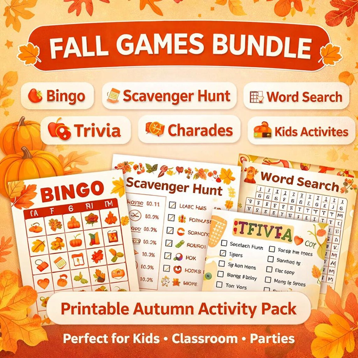 Autumn Activity Book for Kids Printable Fall Games Bundle Bingo ...