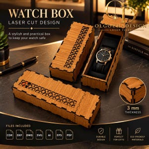 May include: A rectangular wooden watch box with a laser-cut geometric pattern on the lid. The box features interlocking joints and a 3 mm thickness. One open box displays a black wristwatch on a dark cushion, while another closed box sits nearby.