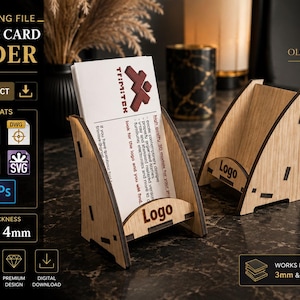 May include: A digital laser cutting file for a wooden business card holder. The design features a slanted front panel with the word Logo printed on it. The file is compatible with 3mm and 4mm material thickness and includes formats like CDR, DXF, DWG, AI, EPS, SVG, PDF, and PS.