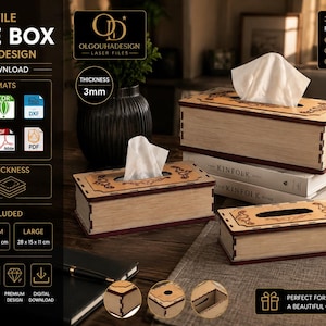 Archivo SVG para caja de pañuelos cortada con láser, soporte decorativo de madera (3 tamaños)