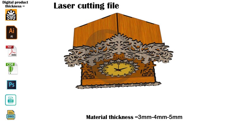 Op de afbeelding: Een digitaal lasersnijbestand voor een houten koekoeksklok met een bruine houtnerfafwerking, een sierlijke grijze decoratieve bovenkant en een gele wijzerplaat met zwarte wijzers. De tekst luidt Laser cutting file en Material thickness = 3mm-4mm-5mm.