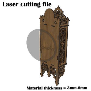 May include: A digital laser cutting file for a tall, brown, ornate wooden clock case with intricate floral carvings. The design features a rounded top and decorative base. Text includes 'Laser cutting file' and 'Material thickness = 3mm-6mm'.